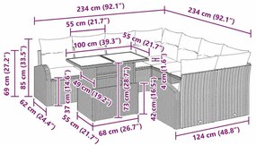 Conjunto de sofá de jardim de 9 peças com almofadas cinza claro