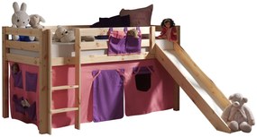 Conjunto Cama alta de Criança PINO 90 x 200 cm + estrado + escada + escorrega + cortina Bella Natural