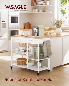 Carrinho de cozinha com rodas 45 x 98,7 x 90 cm, muito espaço de arrumação, gaveta, ganchos bege carvalho-branco mate