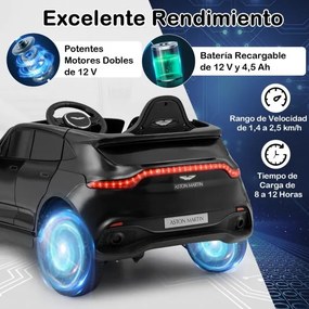 Carro elétrico infantil de 12 V Aston Martin DBX com portas duplas com fecho, controlo remoto, arranque gradual, luzes LED, porta USB e buzina – Preto