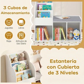 Estante infantil com banco de 3 níveis 80 x 29,5 x 81,5 cm, 3 compartimentos abertos e almofada de assento para quarto ou sala de jogos - Branco
