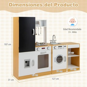 Cozinha de brincar para crianças em madeira 127 × 31 × 107 cm com sons e luzes realistas Dispensador Natural + Branco