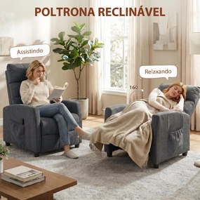 Poltrona de Massagem Reclinável com Apoio para Pés 2 Zonas de Massagem Encosto Alto Bolsos Estofada em Chenille Cinzento