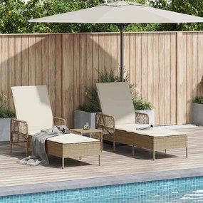 vidaXL Espreguiçadeiras 2 pcs com Almofadas e Mesa Bege em Rattan Sintético