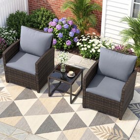 Conjunto de 3 móveis de rattan para jardim, com 2 cadeiras, mesa de vidro e almofadas pretas com capas removíveis, para jardim, terraço ou piscina Cas