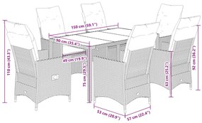 7 pcs conjunto de jantar p/ jardim com almofadões vime PE bege