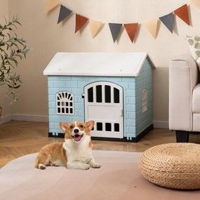 Casota de plástico para cães com 3 janelas e porta com fechadura, telhado inclinado, para interior e exterior, 75 x 58 x 65 cm, Azul Claro