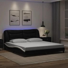 Estrutura cama c/ luzes LED 180x200cm couro artif. preto/branco