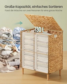 Cesto da roupa suja 56 x 40 x 70 cm com 2 compartimentos, 130 L, em jacinto-de-água, cor natural