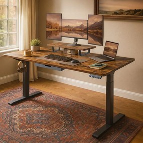 Secretária elétrica com altura ajustável, 140 x 70 x (82,5-130,5) cm, suporte para monitor castanha