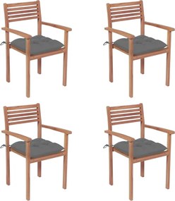 vidaXL Cadeiras de jardim c/ almofadões cinzentos 4 pcs teca maciça