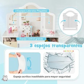 Conjunto de 2 em 1 Toucador e Cadeira de Maquilhagem 104 x 40 x 117 cm para Crianças 3+ Anos com 3 Espelhos Amovíveis 4 caixas armazemento Branco