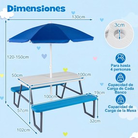 Mesa de Piquenique Infantil com 2 Bancos Integrados, 102 x 100 x 150 cm, Guarda-sol Removível e Ajustável, Azul