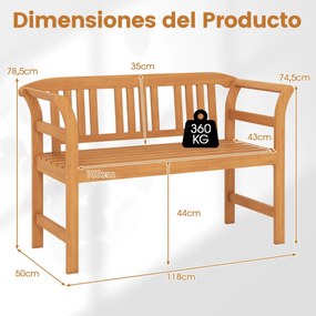 Banco jardim exterior em madeira de acácia para 2 pessoas com encosto e braços rayados, capacidade para 360 kg, para alpendre, pátio, relvado ou pisci
