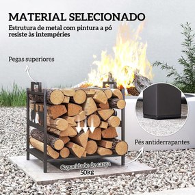 Suporte para Lenha em Metal com Pegas 42,5x33,5x43 cm para Lareira Jardim e Terraço Preto