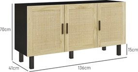 Aparador de arrumação 136 x 41 x 70 cm com portas com efeito de vime, prateleiras ajustáveis, 136 x 41 x 70 cm, preto e madeira natural