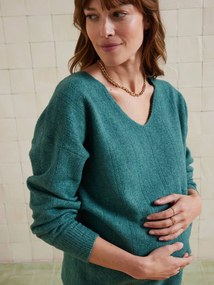 Camisola com decote em V, em malha de macia fantasia, para grávida verde-inglês