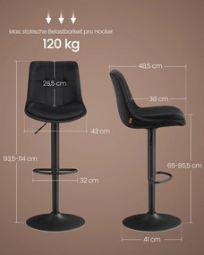 Conjunto de 2 bancos de bar em veludo, ajustáveis em altura, giratórios, Pretos