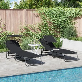 Espreguiçadeiras Dobráveis 2 pcs com Toldo Preto Tecido Oxford 600D