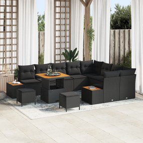 Conjunto de Sofá de Jardim vidaXL 12 Peças com Almofadas Preto Vime Poliéster Acácia