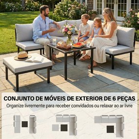 Conjunto de Jardim Exterior de 6 peças com Sofá de 2 Lugares Módulo de Canto 2 Assentos Apoio para Pés e Mesa de Vidro Cinza Claro