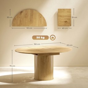 Mesa de Refeição Extensível Redonda para 6-8 Pessoas com Base Estriada para Sala de Estar 110-150x110x75 cm Madeira