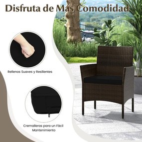 Conjunto de jardim, 4 peças: mobiliário de exterior com cadeira, sofá de 2 lugares e mesa de vidro temperado Castanho misto e almofadas pretas