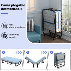 Cama de solteiro dobrável com colchão de espuma viscoelástica Estrutura metálica portátil com rodas para escritório em casa 90 x 200 x 41 cm