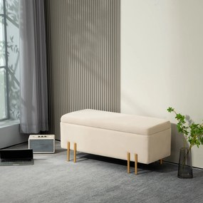 Banco com arrumação e baú de arrumação de design contemporâneo - espaço de arrumação em veludo bege com base em metal dourado