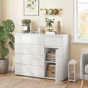 Aparador de Sala com 5 Gavetas Prateleiras Ajustáveis e Porta com Fecho Suave 100x40x80 cm Branco Brilhante