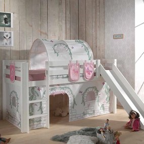 Conjunto Cama alta de Criança PINO 90 x 200 cm + estrado + escada + escorrega + cortina + 3 bolsas + túnel Pássaros branca