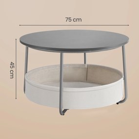 Mesa de centro redonda com cesto em tecido 75 cm de diâmetro e 45 cm de altura cinza cimento-branco creme