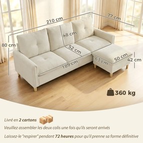 Sofá de 3 Lugares Modular, 210 x 77 x 80 cm, Pufe de Arrumação Flexível, Creme