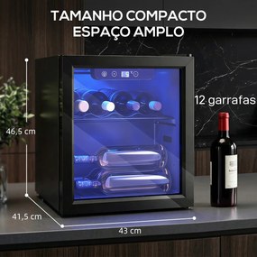 Vinoteca 12 Garrafas, Frigorífico para Vinhos 36 L com Temperatura Ajustável 4-16 ℃ Porta de Vidro Duplo Luz LED, Preto