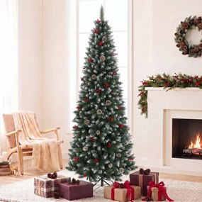 Árvore de Natal Nevada Tipo Lápis 210 cm Estreita com Bagas Vermelhas, Pinhas e 818 Pontas Verde
