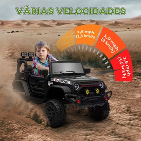 Carro Elétrico para Crianças com Bateria de 12V Controlo Remoto Bluetooth Faróis LED Buzina e Música 100x63x65 cm Preto