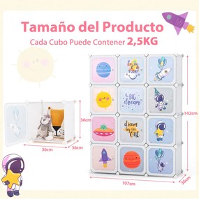 Guarda roupa Infantil de 12 Cubos para Bebéscom 2 secções para pendurar  107 x 36 x 142 cm Branco