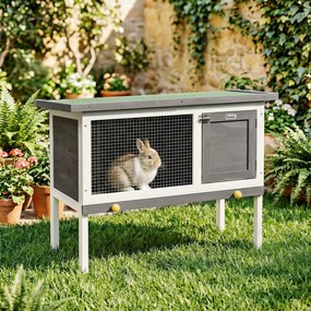 Gaiola para coelhos de exterior em madeira, com teto abrível em asfalto e tabuleiro deslizante, design elevado, 90 x 45 x 65 cm, cinzento