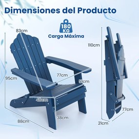 Conjunto de 2 cadeiras Adirondack dobráveis com braços largos, encosto inclinado, assento em ripas e capacidade para 180 kg, para terraço ou pátio, az