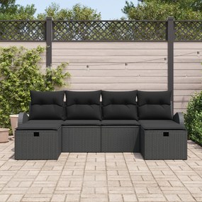 Conjunto de Sofá de Jardim de 6 Peças com Almofadas Preto Polirattan