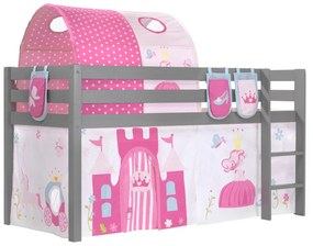 Conjunto Cama alta de Criança PINO 90 x 200 cm + estrado + escada + cortina + 3 Bolsas + Tunel Princesa Cinzenta