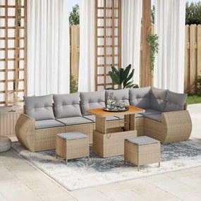 Conjunto de Sofás para Jardim vidaXL 9 Peças com Almofadas Bege Rattan Polietileno Acácia