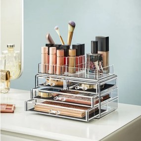 Organizador de cosméticos com 4 gavetas e 11 compartimentos 14 x 23,5 x 18,7 cm Transparente