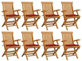 vidaXL Cadeiras de jardim c/ almofadões vermelhos 8 pcs teca maciça