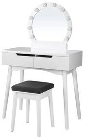 Conjunto de penteadeira VASAGLE com 10 lâmpadas e interruptor de toque, penteadeira, mesa de maquiagem com espelho redondo grande, 2 gavetas deslizantes, 1 banquinho acolchoado, branco URDT11WL