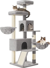 Arranhador para gatos de 55 x 55 x 174 cm com plataforma grande e cavidade dupla, cinzento