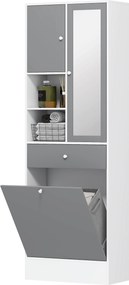 Móvel de casa de banho 62 x 28,3 x 181 cm com cesto para roupa suja e espelho com prateleira ajustável, cinzento e branco