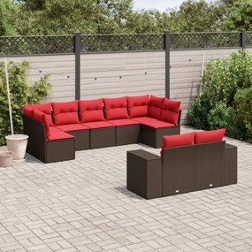 vidaXL 9 pcs conjunto sofás p/ jardim c/ almofadões vime PE castanho