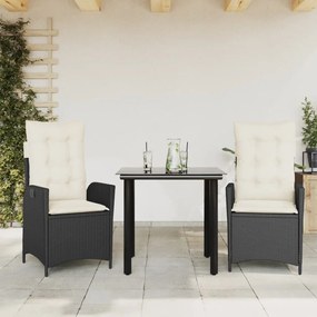 3 pcs conjunto de jantar p/ jardim c/ almofadões vime PE preto