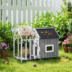 Casota com Compartimento aberto exterior para cães em madeira com terraço e porta de ripas, 106 x 62,5 x 80,5 cm, cinzenta